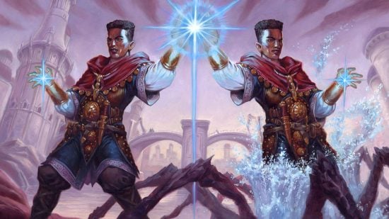 DnD Changeling 5e - MTG card art Vesuvan Shapeshifter by Ralph Horsley: two identical men, one of them apprarently forming from water, their hands touching and meeting in a bright starburst of light