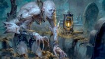 DnD Ghoul 5e monster guide - Wizards of the Coast artwork showing a ghoul emerging from a grave, with an old timey lantern nearby