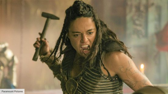 DnD movie Mini Cooper - Paramount image of Michelle Rodriguez as Holga the Barbarian in D&D: Honor Among Thieves