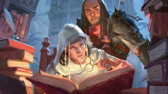 DnD artwork showing characters reading a gigantic book