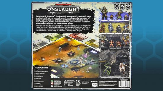 DnD Onslaught starter set review - back of box photo from WizKids showing the set contents