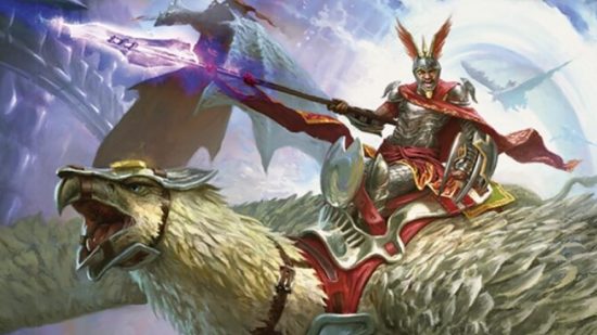Magic the Gathering MTG March of the Machine commander decks - artwork of a Zhalfir knight riding a bird.