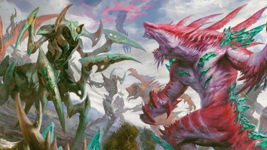 MTG artwork showing the Phyrexians invading Ikoria