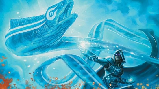 MTG card types: Jace casting a magical eel monster.