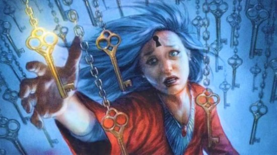 MTG Dandan price spike - Wizards of the Coast art of a blue-haired woman reaching for a golden key among a group hanging from chains