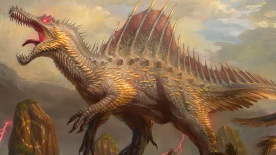 MTG March of the Machine best cards- giant dinosaur with red eyes.