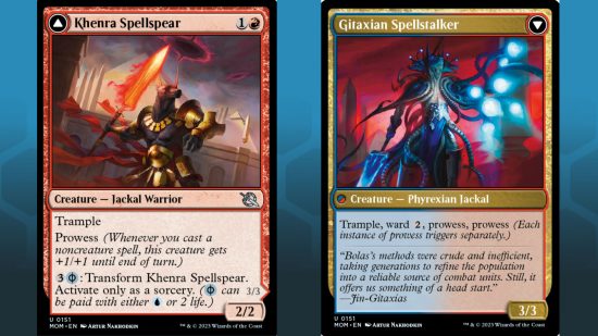 MTG March of the Machine draft mechanics - Wizards of the Coast image of the double-sided Khenra Spellspear / Gitaxian Spellstalker Magic card
