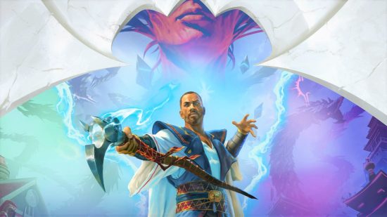 MTG March of the Machine wordiness - Wizards of the Coast art of Teferi and Elesh Norn