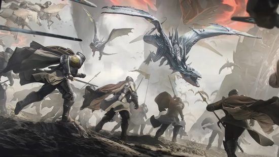 MTG Mark Rosewater - March of the Machine artwork showing dragons attacking soldiers on the ground