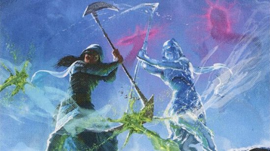 MTG artwork showing a person wielding a scythe and a water elemental copy of them.
