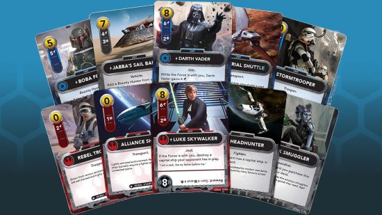 Star Wars Deckbuilding Game cards on blue background