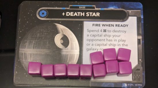 Star Wars Deckbuilding Game Death Star card with damage counters on top
