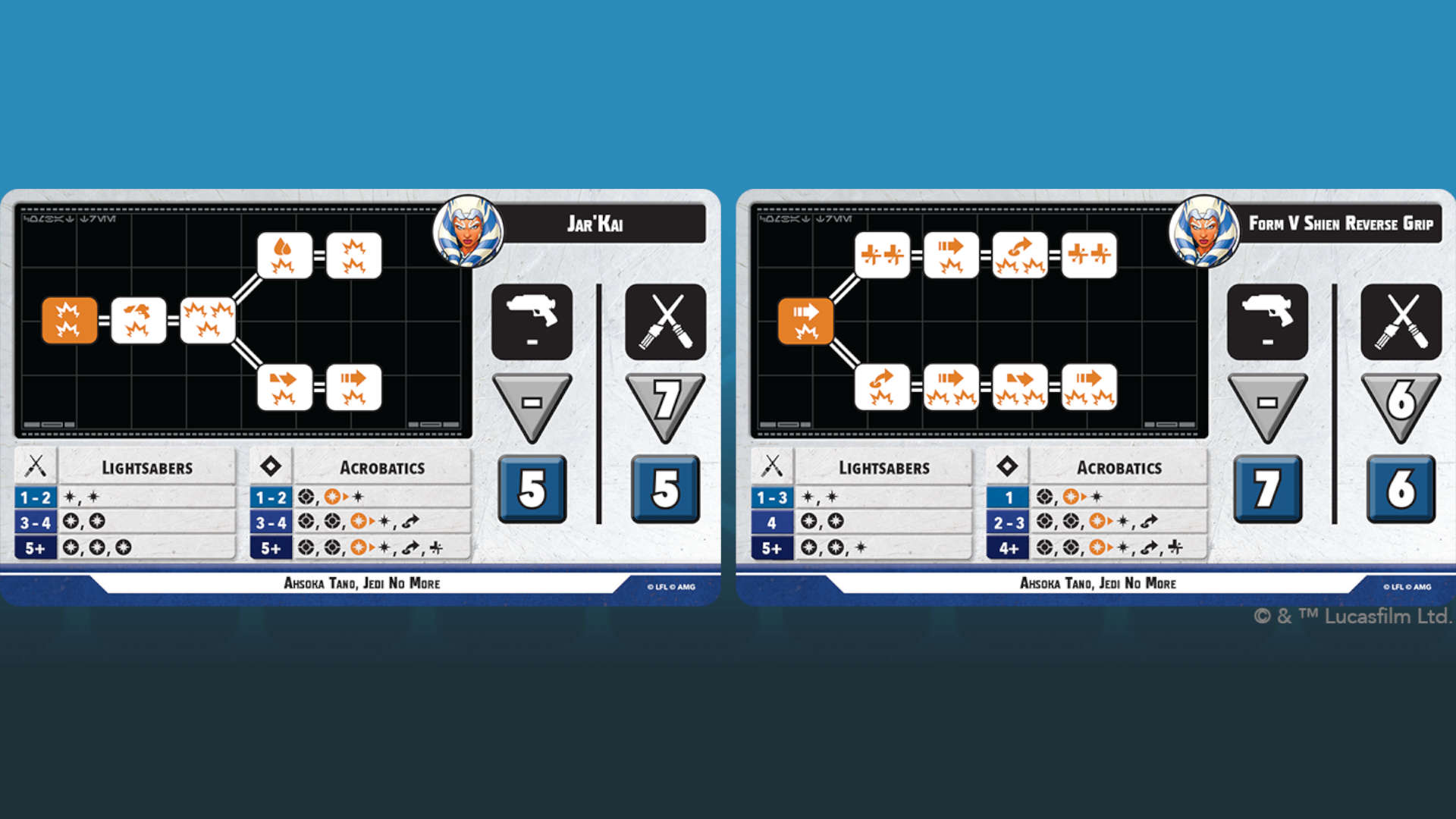 Star Wars Shatterpoint - graphics by Atomic Mass Games, Ahsoka Tano's stance cards with combat trees