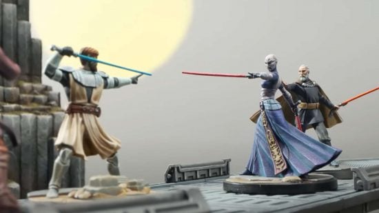 Star Wars Shatterpoint - models by Atomic Mass Games of Kenobi facing Grievous and a Sith assassin