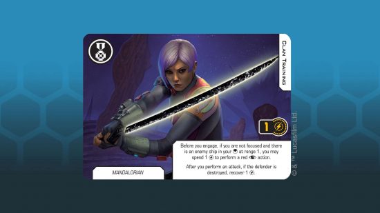 Star Wars X-Wing Children of Mandalore organised play kit, full-art Mandalorian Clan Training card with Dark Saber, by Atomic Mass Games