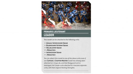 Warhammer 40k 10th edition character auras - Games Workshop graphic showing 10th edition rules for Primaris Lieutenant Space Marine