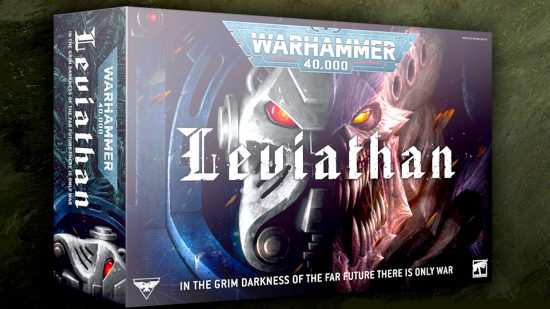 Warhammer 40k 10th Edition Leviathan box reveal - Warhammer Community photo showing the Leviathan box art, featuring a split face of half space marine terminator, half Tyranid Prime