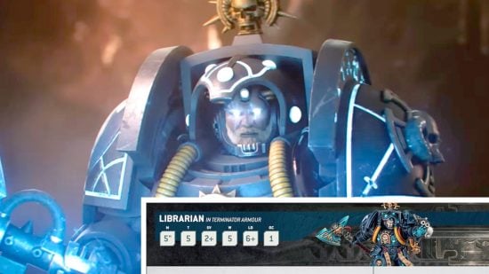 Warhammer 40k 10th edition psychic rules - Warhammer Community trailer screenshot showing the Space Marine Terminator Librarian, with a portion of the unit datasheet ovelaid