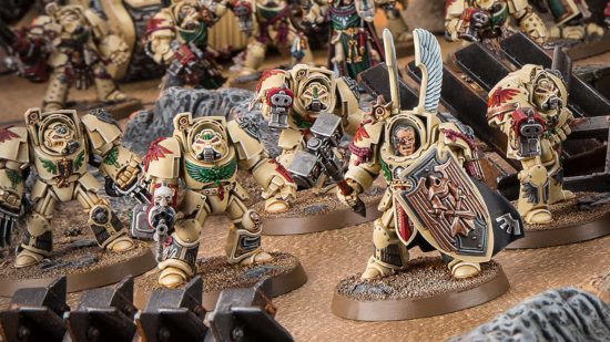 hammer 40k 9th edition may be balanced - Dark Angels Deathwing Terminators, warriors in heavy power armour the colour of bone, by Games Workshop