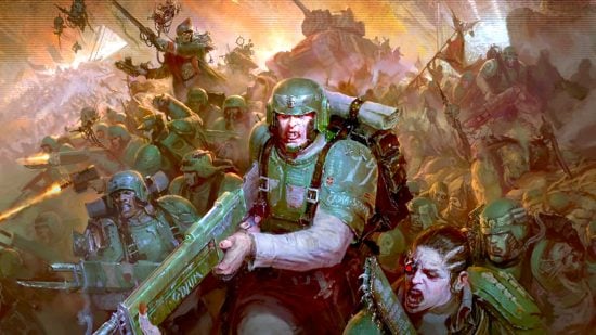 Warhammer 40k Astra Militarum army guide - Games Workshop artwork showing a force of Cadians surging into battle, looking fearsome and almost inhuman, with a commissar and a battle tank in the background