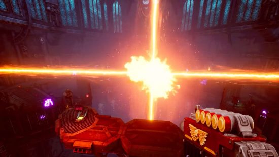 Warhammer 40k Boltgun developer's retro inspirations - scerenshot, jumping near some kind of energy explosion