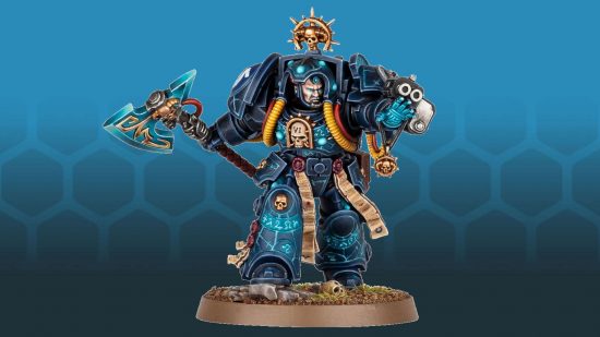 Warhammer 40k Space Marine terminator librarian model by Games Workshop - a warrior in heavy blue armour, wielding an axe, hand outstretched