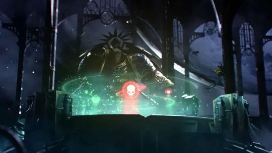Warhammer 40k stratagems - still from the Warhammer 40k 10th edition trailer by Games Workshop, the Primarch Roboute Guilliman pores over a strategic hololith of the galaxy