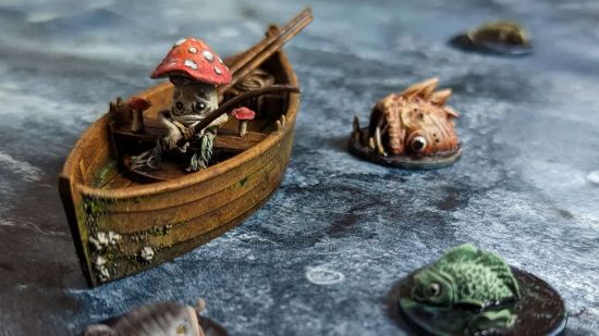 NonCombatTabletop games are like Warhammer without the war - photo by Hydra of Fishing28, a mushroom man rows a boat past strange fish
