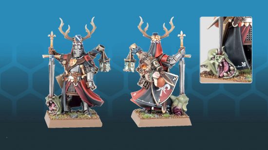 Warhammer the Old World Bretonnian Paladin model by Games Workshop, a knight on foot with a deer-antlered helm.
