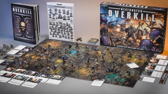 Best Warhammer board games guide - Games Workshop sales image showing the entire setup for DeathWatch: Overkill, including the board, miniatures, tokens, and the front box art