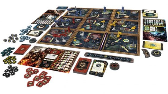 Best Warhammer board games guide - Games Workshop sales image showing the full setup for Warhammer 40k Forbidden Stars including the board, tokens, and plastic ship miniatures
