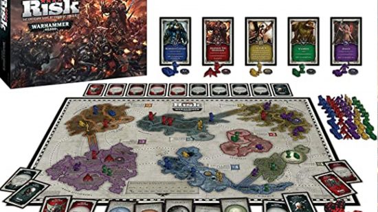 Best Warhammer board games guide - Games Workshop sales image showing the board, pieces, and cards set up for Risk: warhammer 40k