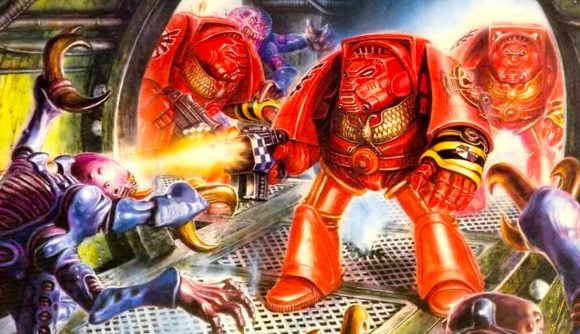 Best Warhammer board games guide - Games Workshop sales image showing the box art for the original 1989 Space Hulk board game zoomed in on the Blood angels Terminator being attacked by a Genestealer