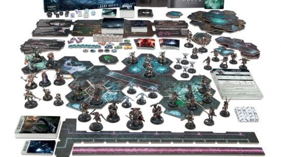 Best Warhammer board games guide - Games Workshop sales image showing the entire setup for Warhammer Quest Blackstone Fortress including map tiles, miniatures, tokens, and more