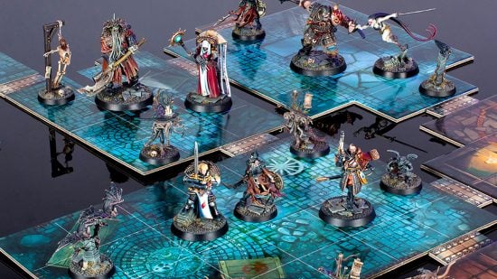 Best Warhammer board games guide - Games Workshop sales image showing a game setup for Warhammer Quest Cursed City, with hero miniatures on the board tiles