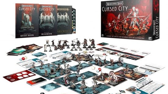 Best Warhammer board games guide - Games Workshop sales image showing the entire core set contents of Warhammer Quest Cursed City, including miniatures, board tiles, rules, tokens, and more