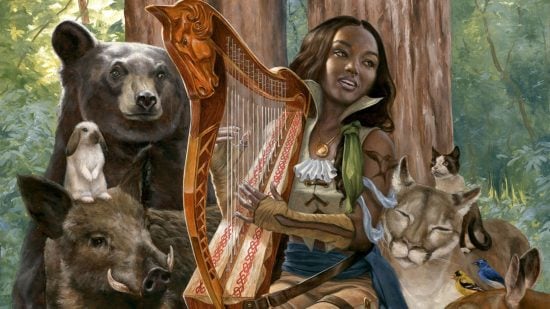 A DnD Bard 5e using a harp to cast animal friendship - a bear, boar, rabbit, puma, and other animals gather around - art by Randy Gallegos for the MtG Card Instrument of the Bards