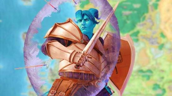 Wizards of the Coast art of a Tiefling DnD Eldritch Knight 5e casting a shield spell