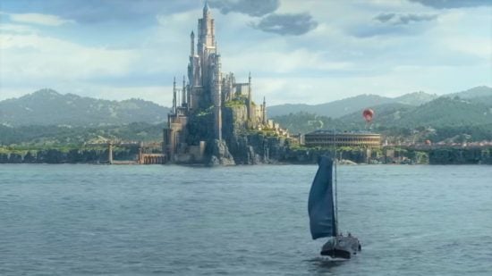 DnD movie - a boat approaching a city of spires across a large lake.