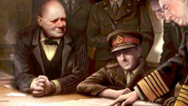 Hearts of Iron 5 ideas from Victoria 3 - Hearts of Iron 4 screenshot showing an artwork of Churchill and other allied leaders poring over maps.