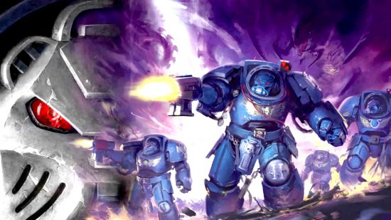 How to get your friends into Warhammer 40k 10th edition - Games Workshop image showing an artwork of Space Marine Terminators shooting, and a close up of a terminator faceplate in white