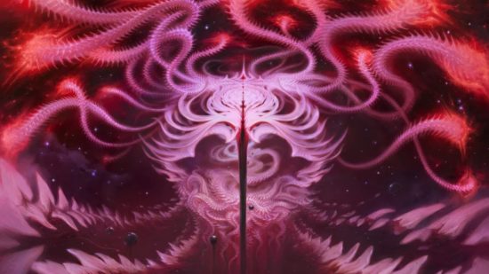 Magic the Gathering, an abstract piece of art showing metallic roots plunging through portals - the whole scene is a deep purple.