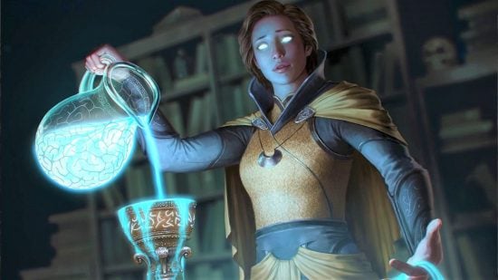 MTG Dandan - artwork showing a person with glowing eyes pouring a blue glowing liquid into a goblet.