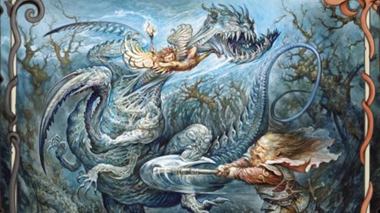 Magic The Gathering, storybook style art showing a dwarf and a fairy fighting a jabberwock