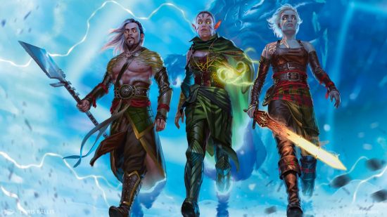 MTG Aftermath promo artwork showing the characters Sarkhan, Nissa, and Nahiri walking away from the Phyrexian menace.