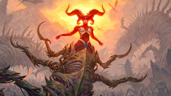MTG card bans predictions May 2023 - Wizards of the Coast card art showing Sheoldred, The Apocalypse