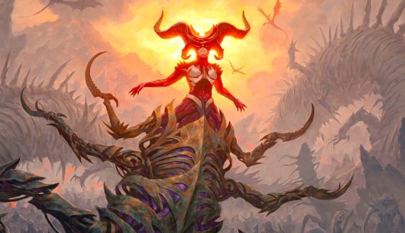 MTG card bans predictions May 2023 - Wizards of the Coast card art showing Sheoldred, The Apocalypse