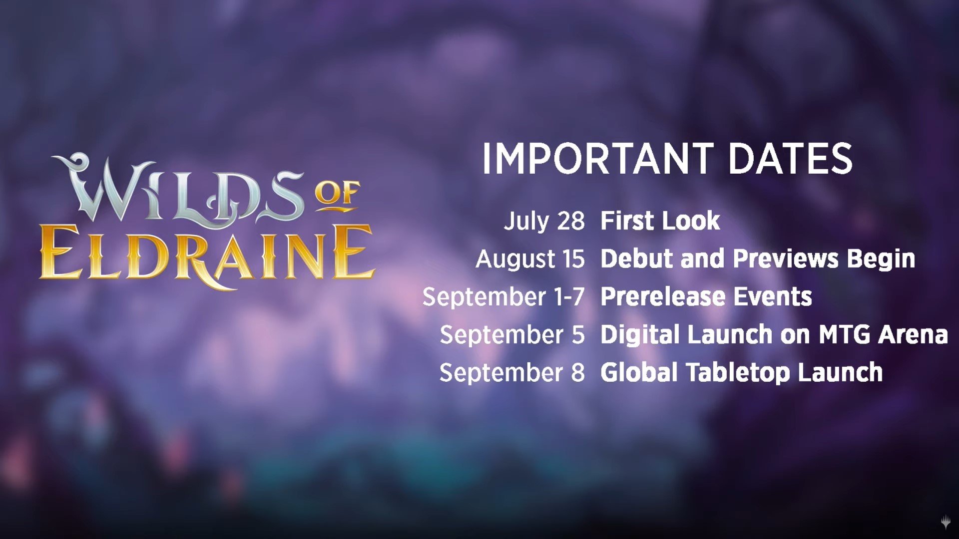 MTG Wilds of Eldraine release date diagram, showing all the key dates for the set.
