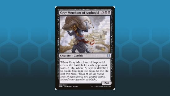 MTG zombies card, Gray Merchant of Asphodel, on a blue background