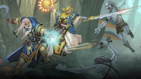 Pathfinder vs DnD - Paizo art of a Wizard and Cleric fighting the undead